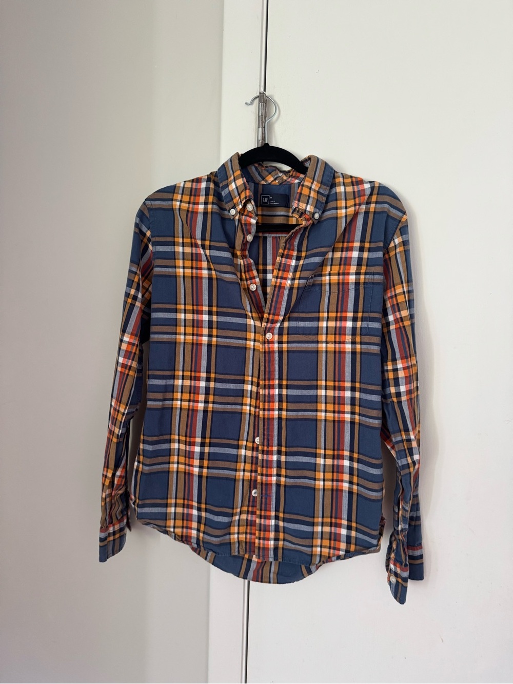 GAP Navy Plaid Button-Down Shirt with Orange and Cream